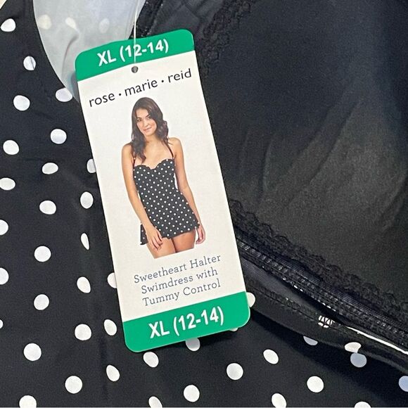 Rose Marie Reid Black White Polka Dot Halter Top Tummy Control Swimsuit, size XL - Picture 7 of 11
